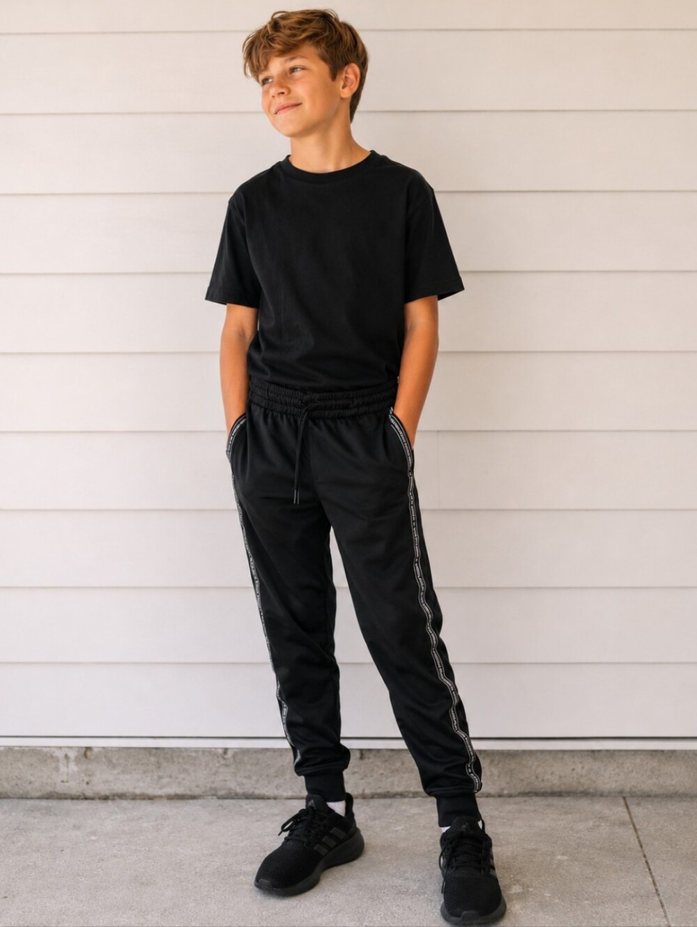 adidas Boys Black Athletic Pants With Side Strip Logo